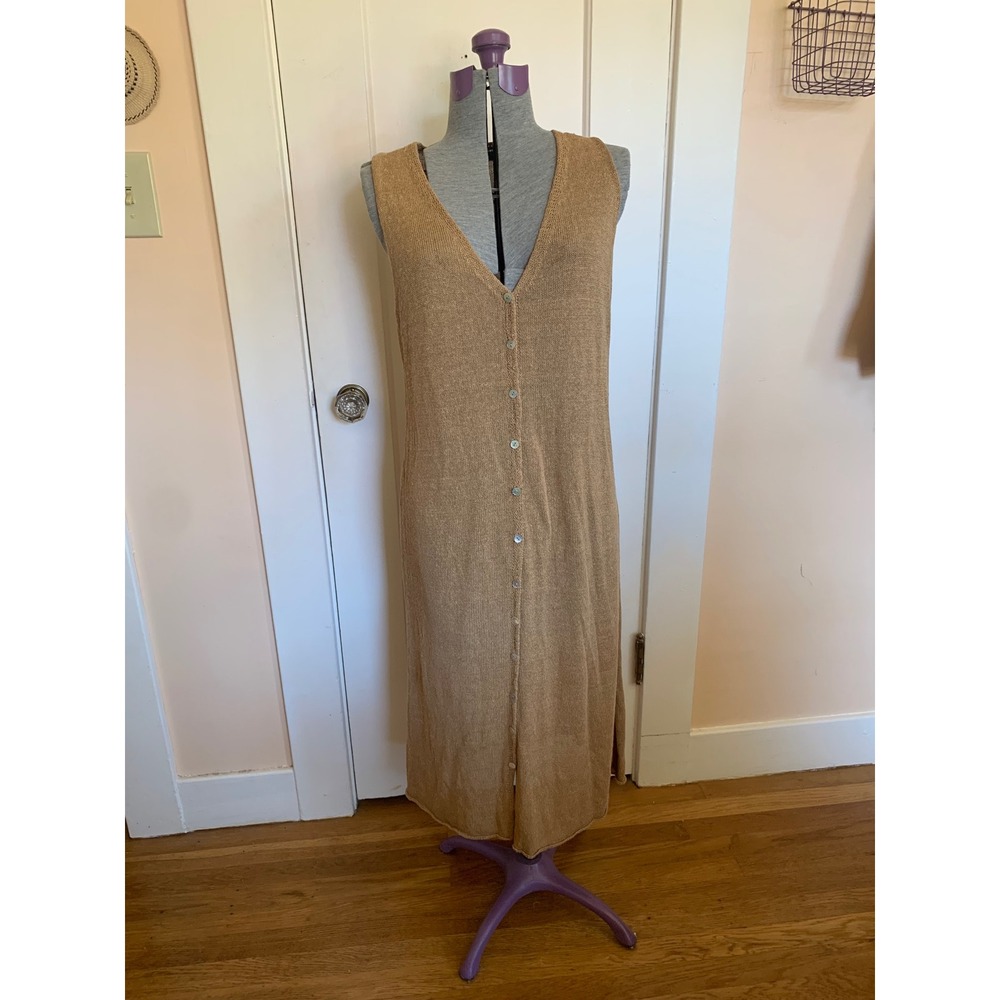 Zara Knit Tan Linen Blend Button Front Sleeveless Midi Dress Small